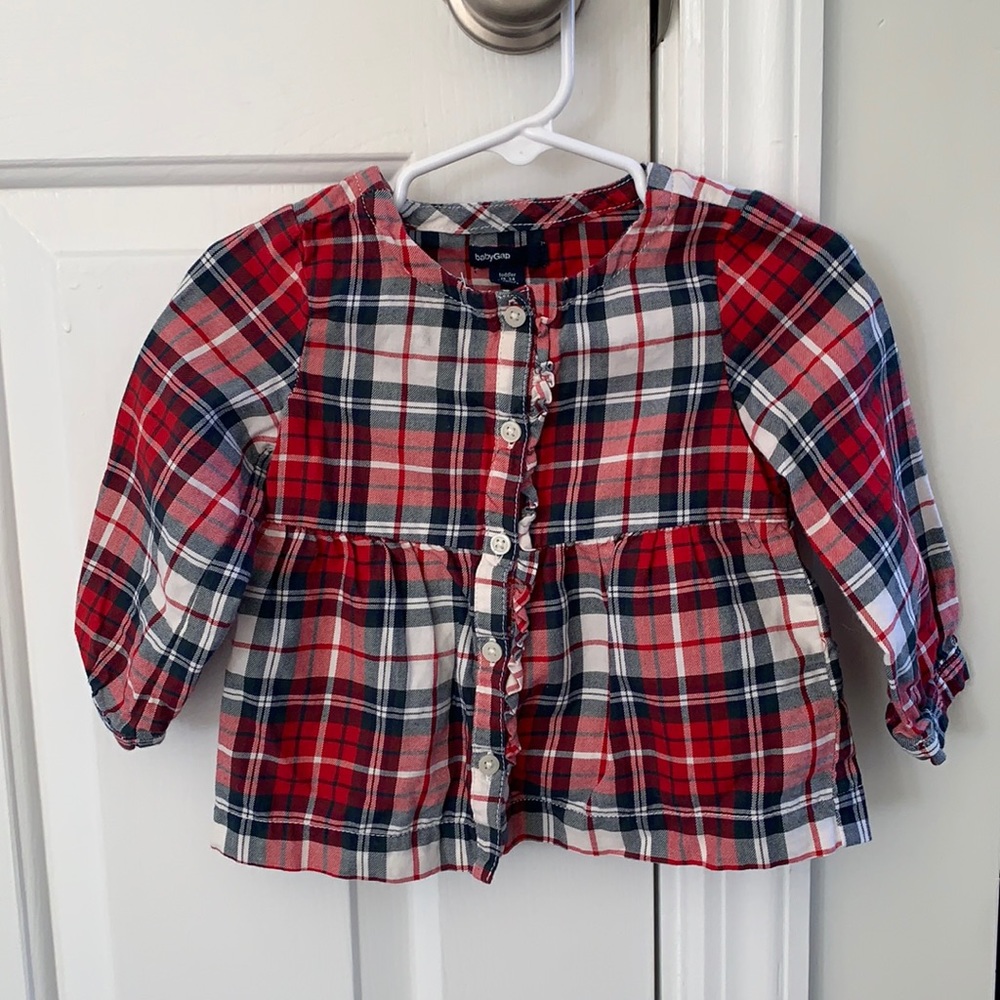 Baby Gap 18-24 month navy and red plaid ruffle button top